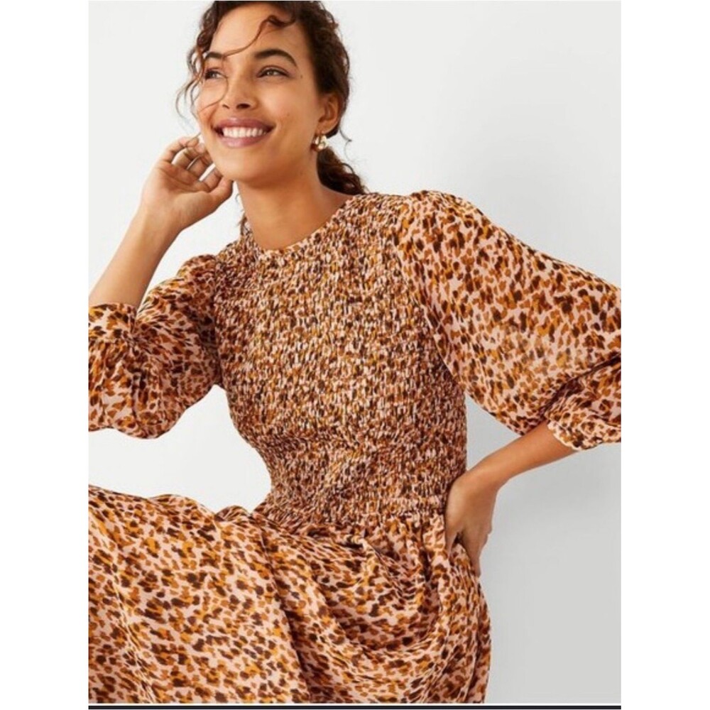 Ann Taylor Animal Print Smocked Fit & Flare Midi Dress Size 12P Petite